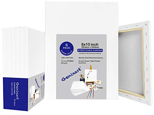 Genixart White Blank Stretched Canvas, Primed Professional Artist Canvases for Acrylics & Oils Painting (20x25cm / 8x10 (6Pack))