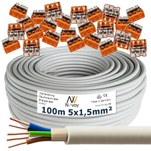 NYM-J 5x1,5 mm² 100m Mantelleitung Installationskabel mit 25 Stück WAGO Klemmen M98