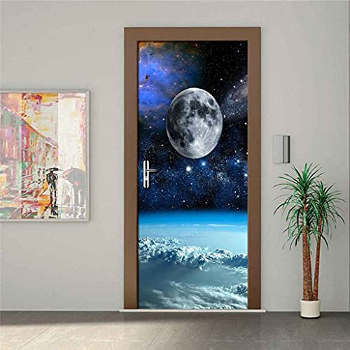 CBWRAW Stickers De Porte, 3D Intérieure Chambre Décoration Trompe l'oeil Planète De l'espace Bleu Imperméablen Amovible Sticker Muraux pour Adulte Enfant Salle Bain Poster Decoration 77x200cm