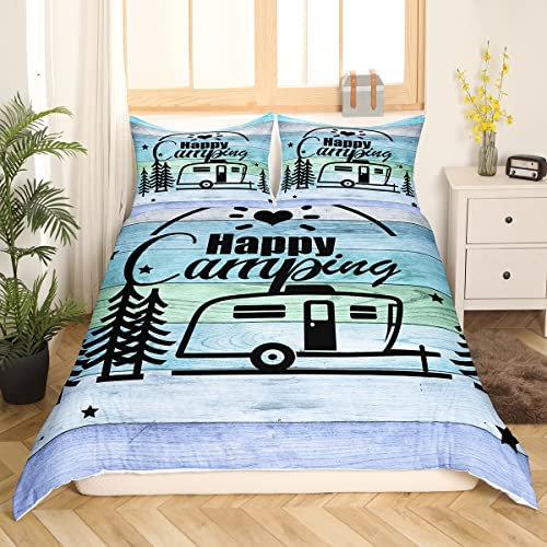 Camper Bettwäsche,135 x 200 für Jungen Kinder Teenager Happy Camping Bettwäsche,rustikaler Bettbezug im Landhausstil,Bettbezug für alte Scheunentore,Schwarze Skizzenzeichnung,ultraweiche Bettwäsche