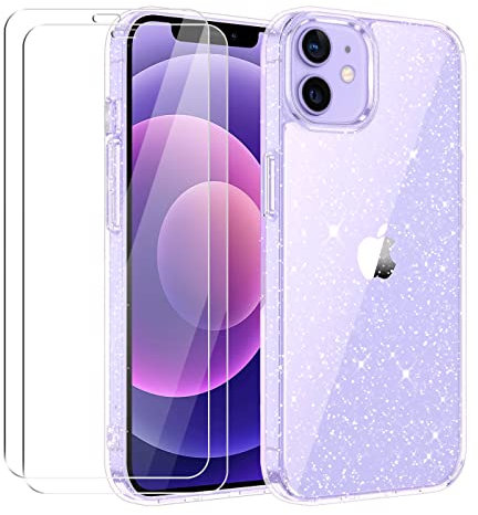 Tikgue Hülle für iPhone 12 / iPhone 12 Pro mit 2 Stück Schutzfolie,Handyhülle Glitzer Transparent Silikon Stoßfeste Schutzhülle Slim Weich TPU Case Kompatibel mit iPhone 12 / iPhone 12 Pro