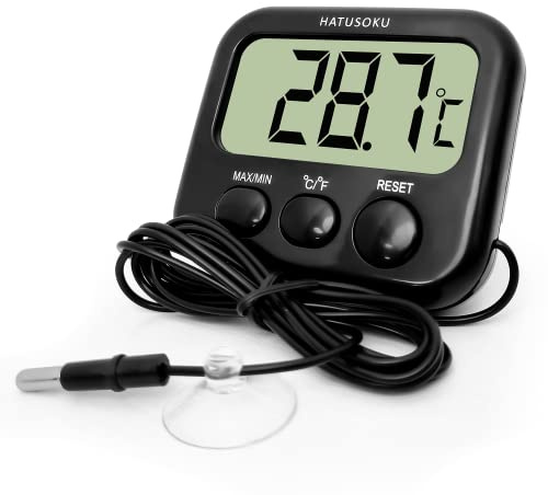 HATUSOKU Digital Thermometer with External Sensor, Magnet, Suction Cup, Water Thermometer, Aquarium, Refrigerator, Freezer (Black)