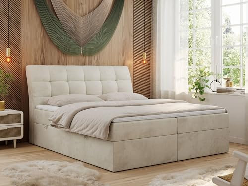 MKS MEBLE Boxspringbett 160x200 Beige Velvet, Bett mit Multipocket Matratze H4 und Topper T25, Polsterbett 120x200 mit Bettkasten und Kopfteil, DIEGOS