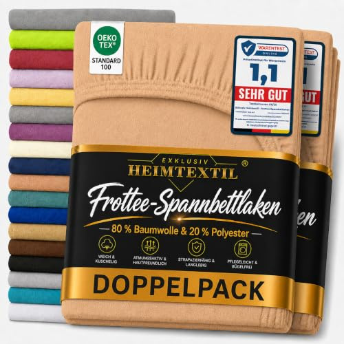 EXKLUSIV HEIMTEXTIL Doppelpack Marke Frottee Spannbettlaken, 80% Baumwolle, 20% Polyester Öko - Tex Zertifiziert, Markenqualität, Matratzenhöhe bis 10 cm, Nougat 70 x 140 cm