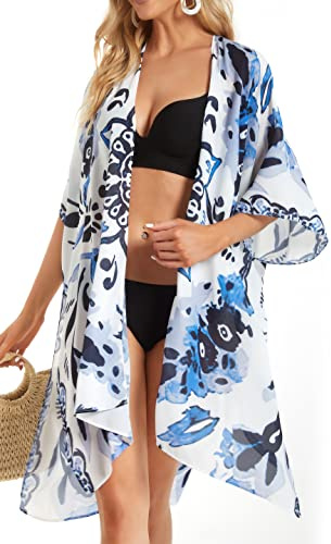 Kimono da donna copricostume da bagno estivo da spiaggia casual cardigan allentato per costumi da bagno, Boho bianco e marrone, XXX-Large