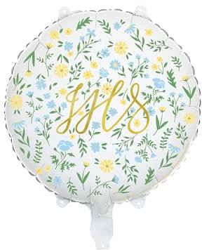 Folienballon IHS 45cm Helium rund Blumen Motiv - geblümter Luftballon Heliumballon Weiß Gold Grün - Partyballon Blumenmuster - Kommunion Deko - Konfirmation Partydeko