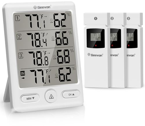 Geevon Thermomètre d'intérieur et d'extérieur sans fil avec 3 capteurs à distance, moniteur de température et d'humidité pour la maison avec indicateur de confort, alarme de température, hygromètre
