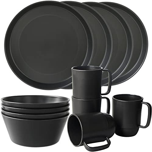 Greentainer Juego de vajilla de plástico irrompible, 12 piezas, platos ligeros, cuencos y tazas, juego de platos aptos para microondas y lavavajillas, servicio para 4 (negro)