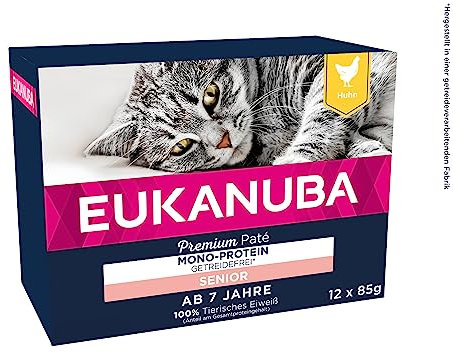 EUKANUBA Senior Katzenfutter nass getreidefrei - Premium Nassfutter mit viel Huhn für ältere Katzen, 12 x 85 g