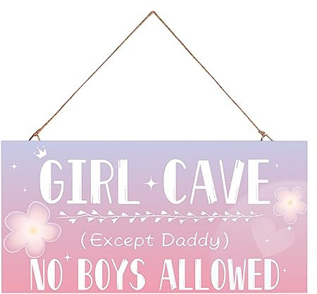 Girl Cave Sign, Hanging Bedroom Door Decoration Sign for Woodland Nursery Home Decor, No Boys Allowed Except Daddy Signs Wall Decorations, Cute Purple Wall Room Decor for Teen Girls