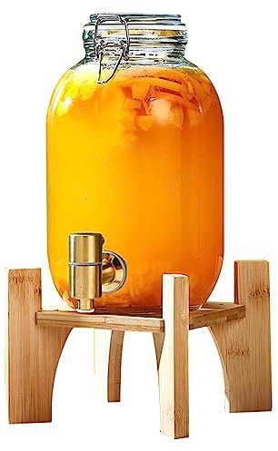 Dispensador De Agua De Vidrio De Gran Capacidad Con Grifo A Prueba De Fugas|Dispensador De Bebidas De Fácil Llenado De Boca Ancha,Redondo (5L),Espiga De Cobre+Soporte