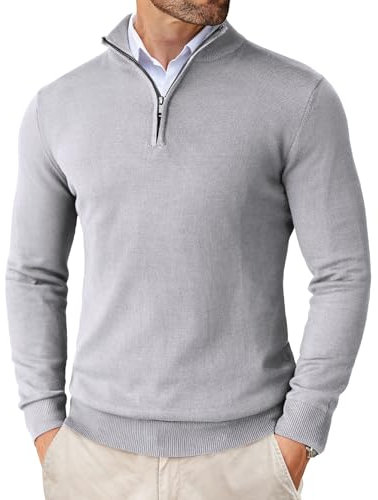 COOFANDY Pullover Herren Troyer Stehkragen Pullover Half Zip Rollkragenpullover mit Reißverschluss Winterpullover Slim Fit Pullis Strickpullover Hellgrau XL