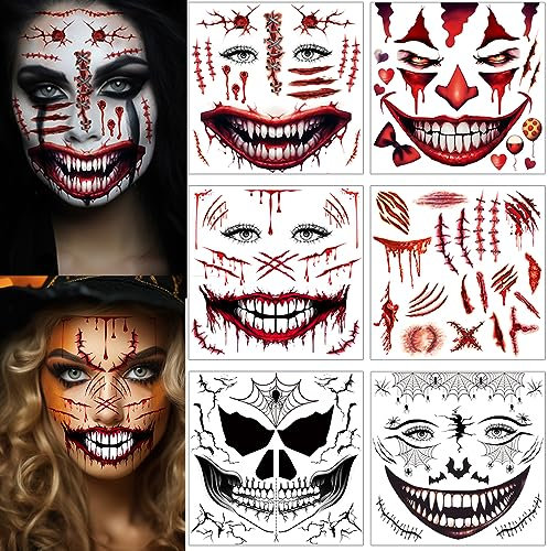 ENYACOS 5 Blätter Halloween Gesichtstattoo+1 Blätter narben tattoos，skelett zombie clown teufel und hexen tattoo gesicht, Mund Tattoo，Halloween Make up Accessoires (A)