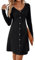 MYCOLORBLUE Kleider für Damen A Linie V-Ausschnitt Langarm Deko Knopf Gestreift Vintage Täglich Midikleid Strickkleider Schwarz XL