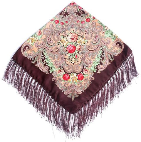 FUSHENGTER Schal Mütze Damen Halstuch Herren Schals Poncho Schal Schals Taschentuch Herbst Damen Kopftücher Traditioneller Druck 110 cm Mit Fransen Braun