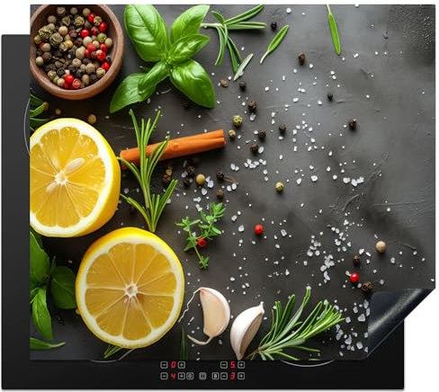KitchenYeah© Herdabdeckplatte 59x52 cm Einteilig Ceranfeld Abdeckplatte Küche Deko Ceranfeldabdeckung Herdabdeckung Induktionsmatte Zitrone - Beton - Pfeffer - Kräuter - Obst