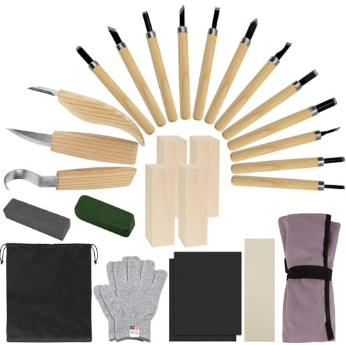 Dadabig 27 in 1 Kit Sculpture Bois, Outil de Ciseaux à Bois Kit Gouges Sculpture Bois Ciseaux Bois Sculpture avec Gants Anti-Coupures, Couteau de Sculpture pour Sculpteur, Charpentier, Amateur