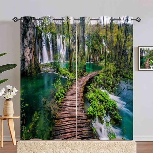 ANHOPE Natur Wald Wasserfall Fluss Gardinen Blickdichte mit Ösen Weich Thermo Vorhänge Blackout Curtain Vorhang Wohnzimmer Schlafzimmer Verdunklungsvorhänge 2er Set H 245 x B 140 cm