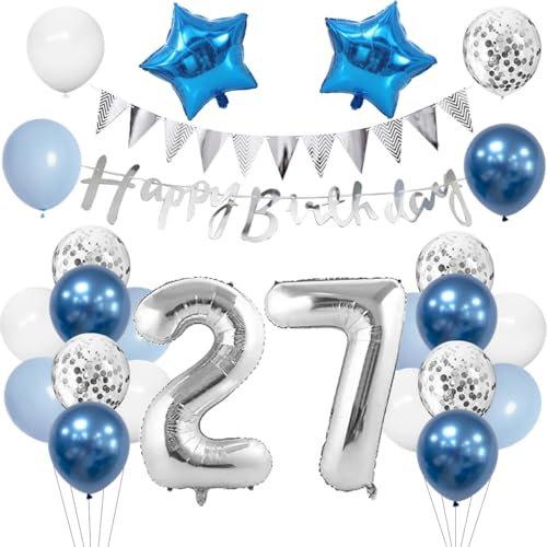 Anlgdi Geburtstagsdeko 27 Jahr Mann, Luftballon 27. Geburtstag Männer Deko, Blau Tortendeko Geburtstags 27 Jahre, Deko 27. Geburtstags Frauen, Folienballon 27 Geburtstag Männer Dekoration