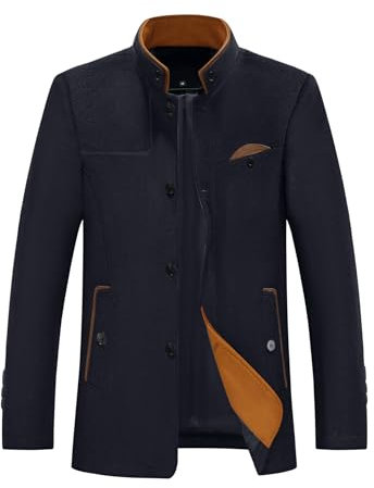 Allthemen Herren Mantel Slim Fit Stehkragen Wollmantel Winter Winterjacke Mittellang für Business Freizeit Navy Blue L