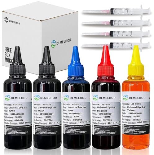 Universal Dye Refill Ink Kits Suit for Eposn Canon HP Brother Lexmark Samsung Dell Kodak Inkjet Printer Compatible Cartridges Refillable Cartridge CISS CIS System,4 Color Set,5 Bottles(2 BK,C,M,Y)