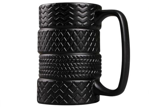 3D Black Tyre Tire Shaped Frosted Ceramic Mug Large Coffee Tea Cup Unique Gifts Car Fans 16.9 Oz(480ml) Vintage Coffee Mugs and Cups (Black, One Size)