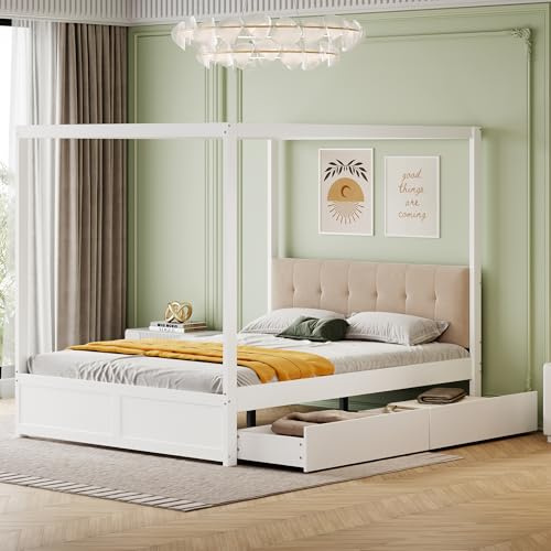 MSMOK Cama con dosel con cajones grandes y respaldo suave, cama de madera blanca