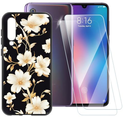 Funda TPU Impresa + 2 Protectores de Pantalla de Vidrio Templado Compatible con Xiaomi Mi 9 SE, Carcasa Artística Delgada Antigolpes, Antirrayaduras, Protección Total