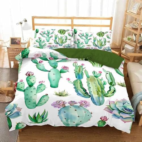 JEDTAKCT Reversibel Bettwäsche - Aquarell Kaktus Druck Bettbezug Für Kinder - Bettwäscheset Winter - Grünpflanzendruck - Bettbezug 135Cm X 200Cm Und Kissenbezug Für Einzelbett