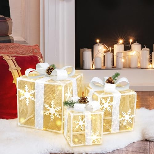 BigKing LED Geschenkboxen Weihnachten 3er Set Weihnachtsdeko Innen Außen Beleuchtet Mit Warmweiß Licht Weihnachtsbeleuchtung Geschenkboxen Für Christbaum Garten Fensterbank Deko (Diamant-Netzwerk)