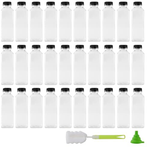 FUNSUEI 30PCS 500ml Plastic Juice Bottles with Tamper Seal Lids, 16oz Drink bottles with Funnel, Brush, Empty bottles for Smoothie, Juice, Other Beverages