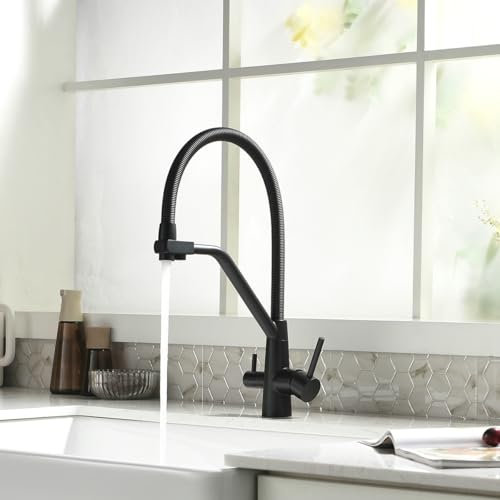 TIMACO 3 Wege Wasserhahn Küche Schwarz,Küchenarmatur-360° Drehbar,mit 3 in 1 Wasserhahn für Wasserfilter,Spiralfederarmatur Trinkwasserhahn mit Doppelhebel,Hochdruck