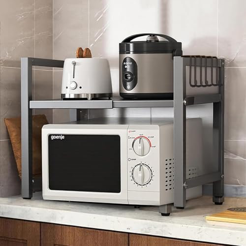 Ruspela Mikrowellenregal Erweiterbares mit 6 Haken Flexibel Ausziehbar von 40-65cm Mikrowellen Regal 2- Tier Küchenarbeitsplatte Organisator Stufiges Küchenregal für Arbeitsplatte Bäckereiregale