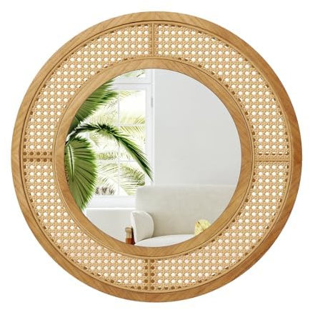 FANTASK Runder Wandspiegel Rattan, ∅ 65 cm, dekorativer Spiegel mit Holzrahmen & Aluminiumglas & Haken, Dekospiegel Wandmontage