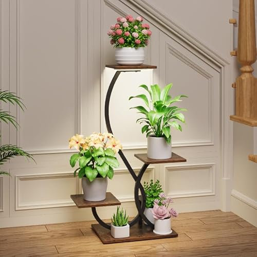 BACEKOLL Supporto per piante da interno con luci di crescita, mensola per piante a forma di S, supporto per piante ad angolo illuminato per coltivazione indoor, supporto per fiori in metallo da 81,3