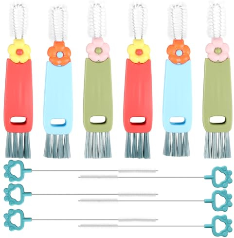 12 Stück Becherdeckel Reinigungsbürste Flaschenbürste Trinkhalmbürste | Multifunktionales Set mit Fugenbürste für Thermobecher Tassen Flaschenöffnungen Rillen Nylon Edelstahl 12.8x2.4x2 cm Klein