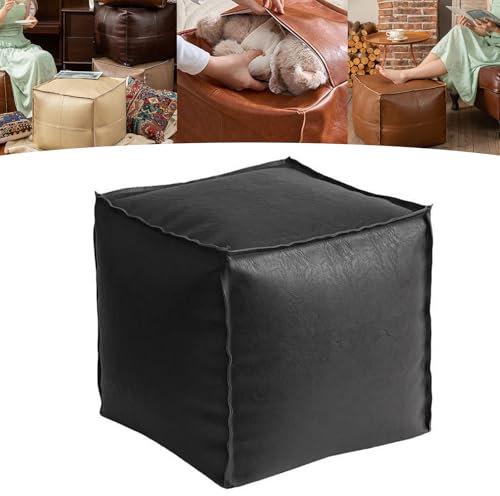 Stuffable Cushion Bag, Unstuffed Pouf Ottoman, 16 Inch Floor Footrest Cushion Storage Bag, Waterproof Cube Decorative Leather Pouf Cover for Indoor Outdoor (Black)