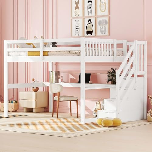 Luxeza Hochbett,Kinderhochbett, mit Stauraumschubladen und Unterbettschreibtisch, Weiß (140x 200cm)