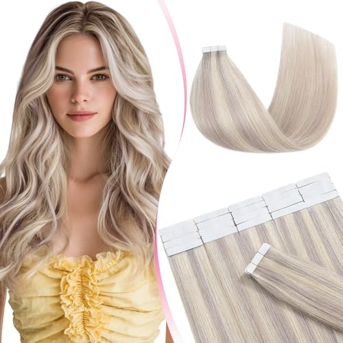 MY-LADY Tape Extensions Echthaar 20pcs 40 cm Platinblond&Grau Remy Invisible Haar Tape In Haarverlängerung Natürlich 50g 16 Zoll #60PGREY Glattes Echthaar Skin Weft Tape