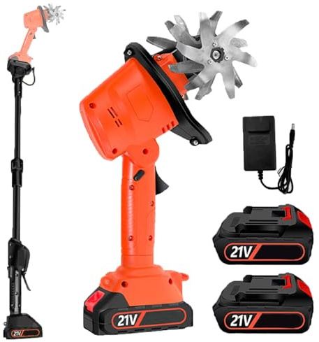 COUCHO Cordless Garden Rotavator, Electric Handheld Tiller Cultivator with 1.3m Extension Rod, 4 Rows of Tines, 4 in Tilling Width and Depth, Dual Safety Switch, 2PCS 1.5Ah Batteries