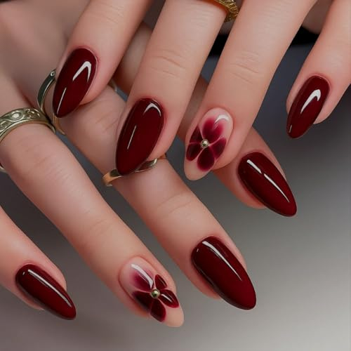 Medium Burgundy Almond Press On Nails – Glossy Wine Red Oval False Nails with Flower Rhinestone Design,Floral Design Classic Red Manicure Creative Floral Accent (Rhinestone - Glossy Removable)