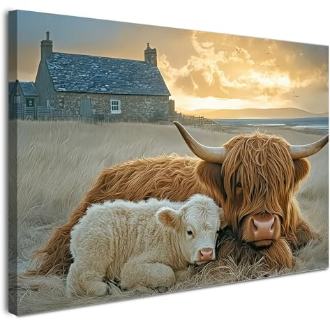 Alptiny Wandbild mit Rahmen 30×40 cm – die Kuh Leinwandbild für Wohnzimmer Schlafzimmer Küche Büro – Moderne Bilder inkl. Haken, Nägel & Magischer Klettbefestigung – Stilvolle Wanddeko