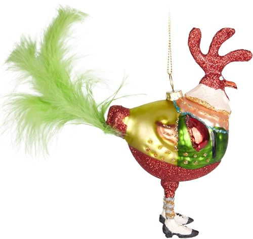 BRUBAKER Hahn im Weihnachtsanzug - Handbemalte Weihnachtskugel aus Glas - Glitzer Huhn mit Federn - Mundgeblasener Christbaumschmuck Figuren lustig Deko Anhänger Baumkugel - Bunt - 18 cm