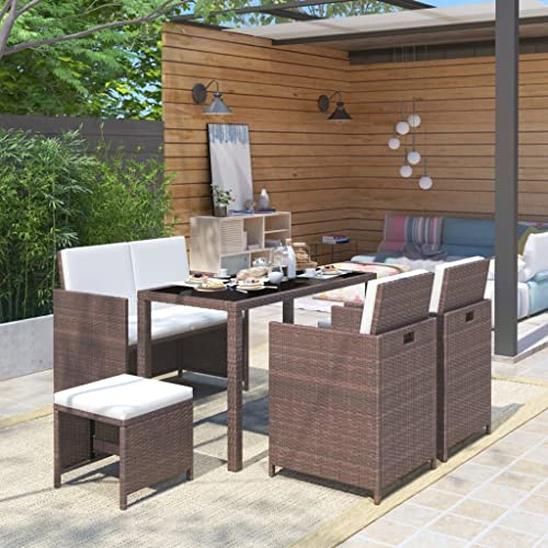 YuuSsea 6-TLG. Garten-Essgruppe Poly Rattan Braun mit Cremeweißen Kissen, Outdoor Möbel Set für Terrasse, Balkon, Essbereich, Witterungsbeständig, 1 Tisch, 1 Bank, 2 Stühle, 2 Hocker