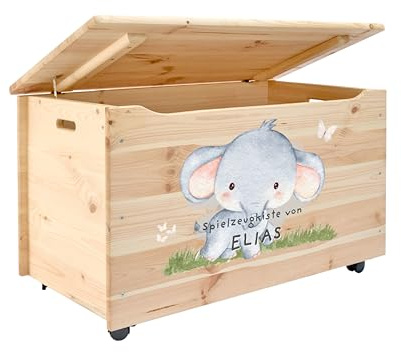 Pinus Spielzeugkiste personalisierbar 90x48x51 cm mit Deckel Rollen | Kiefernholz, Wunschname personalisiert, große Aufbewahrung, für Spielzeug Decken Erinnerungen, Kinderzimmer Geschenk Geburt