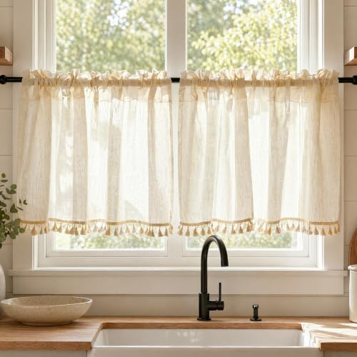EQULIUS Set di 2 tende corte in stile rustico, vintage, semitrasparenti, con nappe, per cucina, soggiorno, roulotte, colore beige, 150 x 40 cm