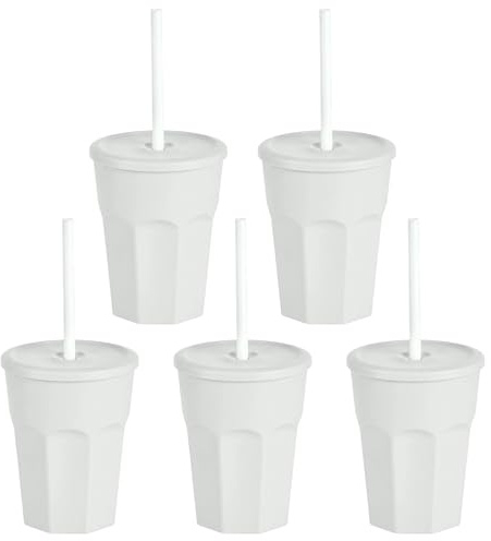 Engelland - 5 x Kunststoffbecher mit Deckel und Strohhalm, Hell-Grau, Trinkbecher, Party-Becher, Plastik Trink-Gläser, Mehrweg, 0,25 Liter, BPA-Frei, Spülmaschinenfest