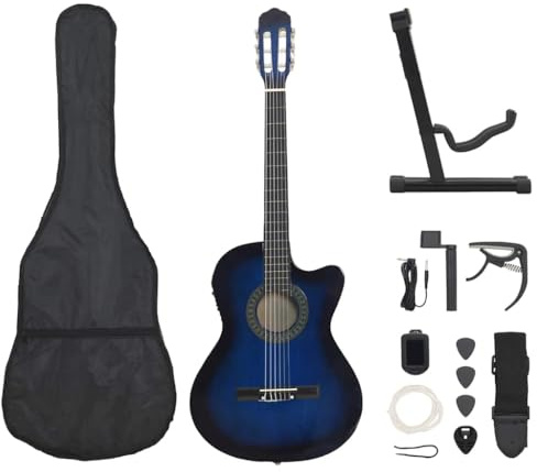 Ziaphsol Set di 12 chitarre western blu con 4 bande EQ, 6 corde in nylon, chitarra acustica 4/4 in legno di tiglio, con custodia, accordatore, capotasto per principianti, insegnamento, esercizio