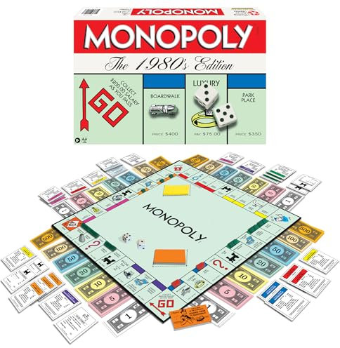 Monopoly Die 1980er-Jahre Edition mit Original-Kunstwerk und Komponenten der 1980er Jahre, inkl. Allen klassischen Spielsteinen, von Winning Moves Games USA, klassisches Familien-Brettspiel mit