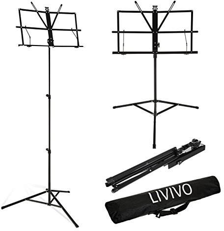LIVIVO Folding Music Sheet Stand with Carry Bag- Height and Angle Adjustable Metal Holder with Non - Slip Rubber Feet for Extra Stability (Black)